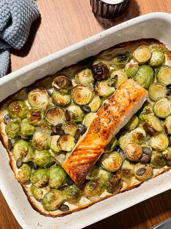 dish of roasted brussel sprouts with salmon seeking creative life craftaliciousme