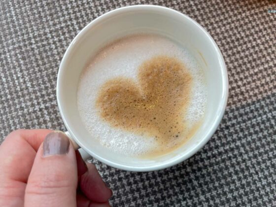 Things I am Thankful for cup of coffee with milk foam and a heart