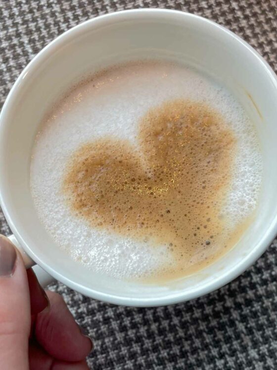 Things I am Thankful for cup of coffee with milk foam and a heart