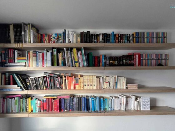 talking about may books wall with hanging bookshelves